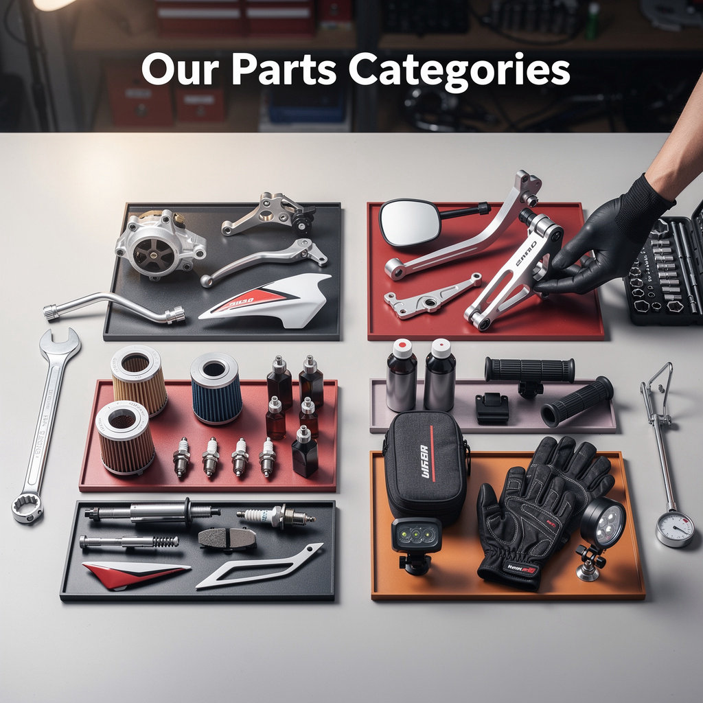 MBP motorcycle parts inventory and accessories display